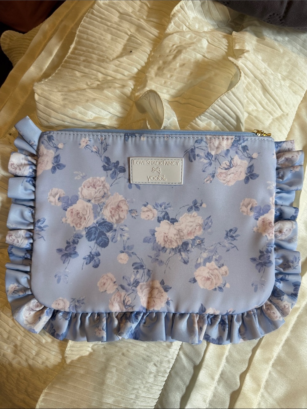 LoveShackFancy Powder Blue Floral Ruffle Cosmetic /pencil Pouch New in Package